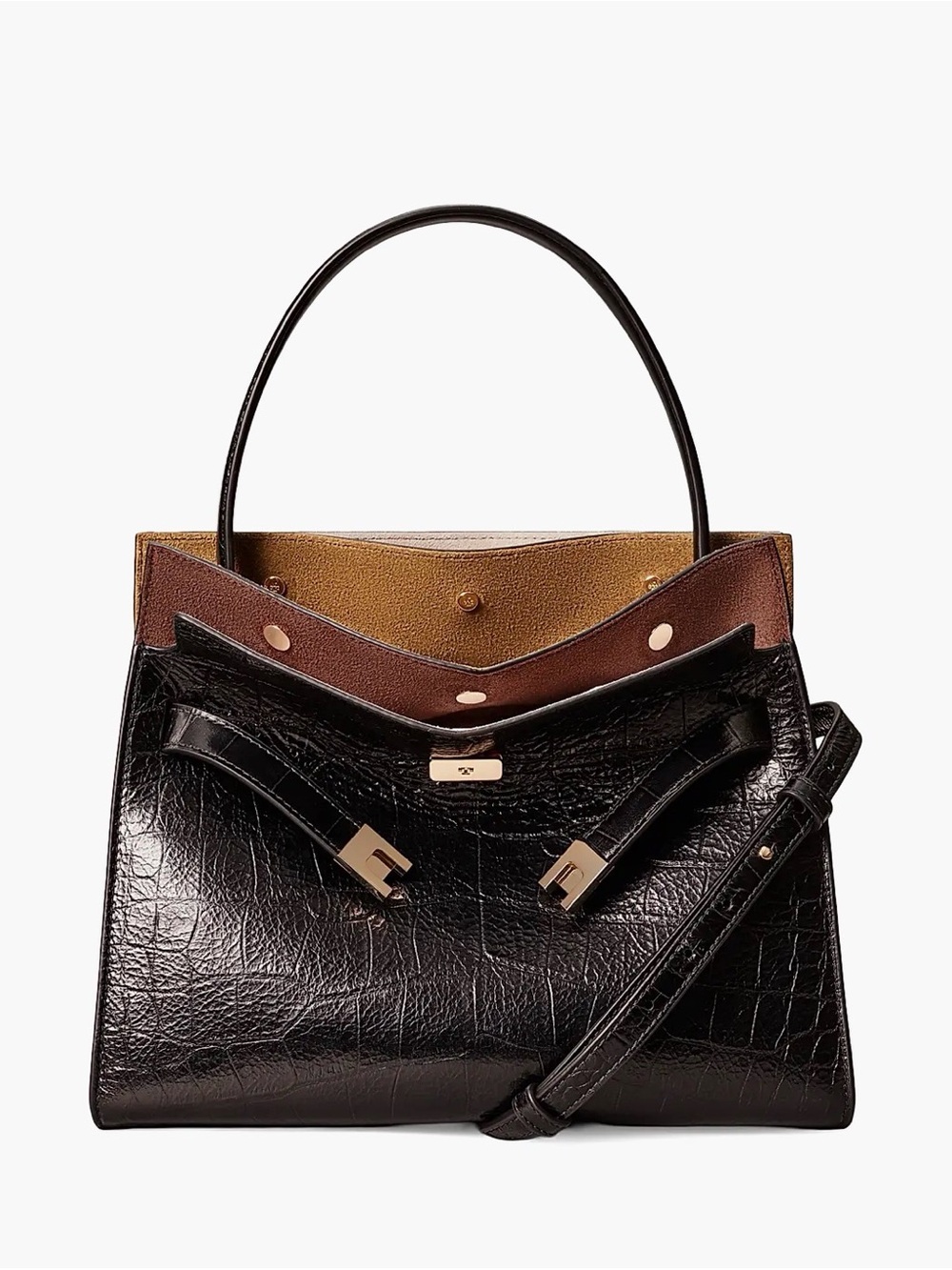 Tory Burch Black Croc-Embossed Top-Handle Bag with Gold Hardware